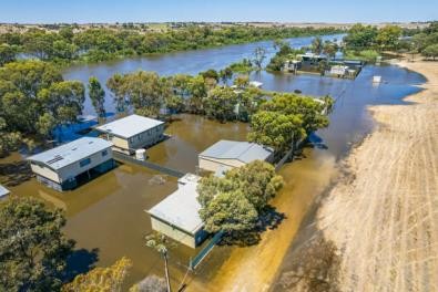 vista aérea de la propagación del agua de la inundación, chozas inundadas y casas en el río murray en el sur de australia - siniestro fotografías e imágenes de stock